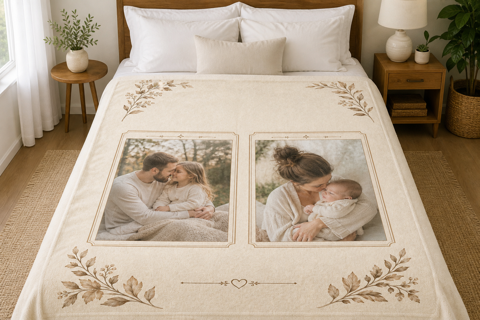 Personalized anniversary blanket spread across a bed to show its size