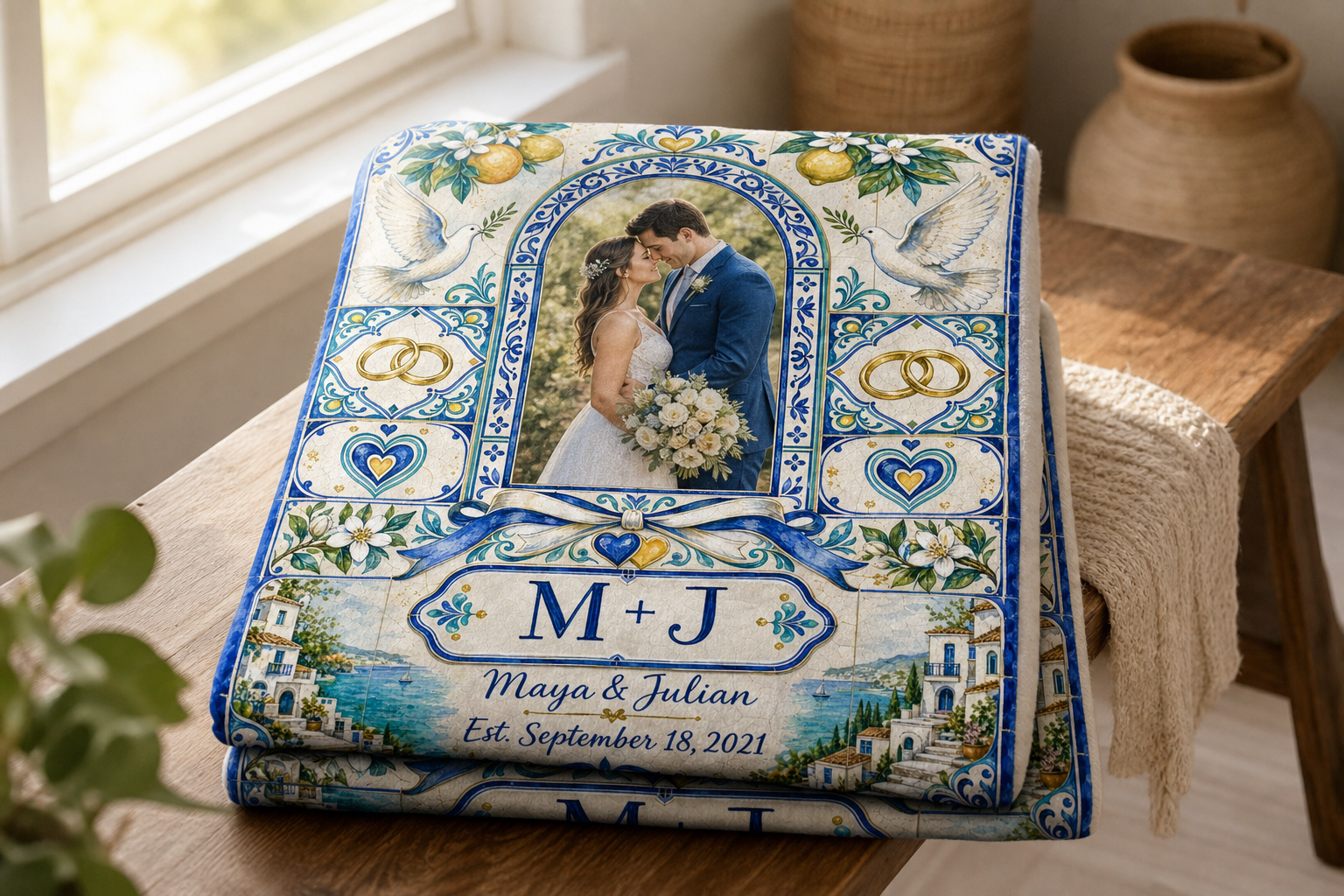 Personalized anniversary blanket folded and ready