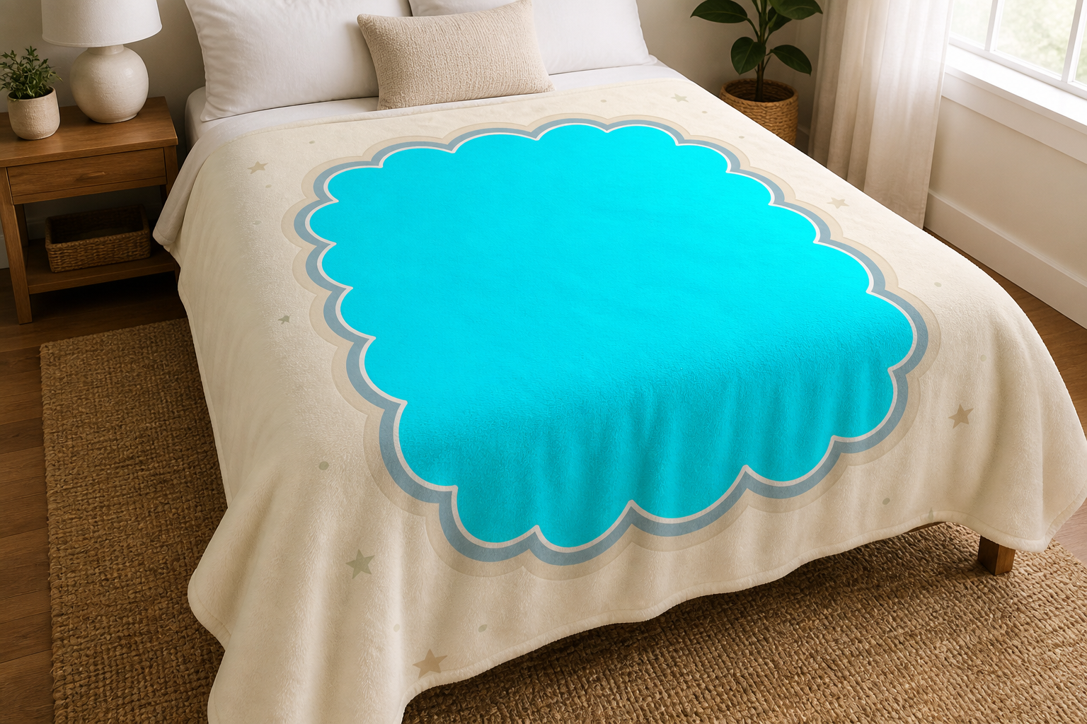 Personalized new baby blanket spread across a bed to show its size