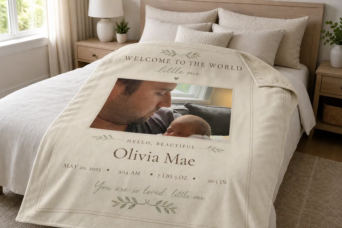 Personalized baby blanket spread across a bed to show its size